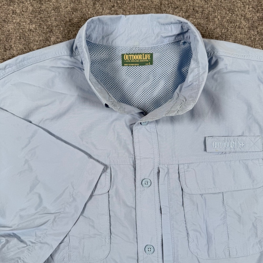 Outdoor‎ Life Shirt Large Blue Fishing Button Up Short Sleeve Vented Flaw Men's